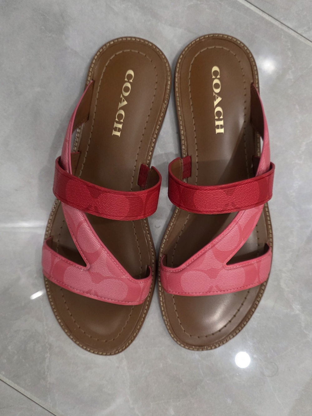 COACH Pink and Red Signature Slide Sandals